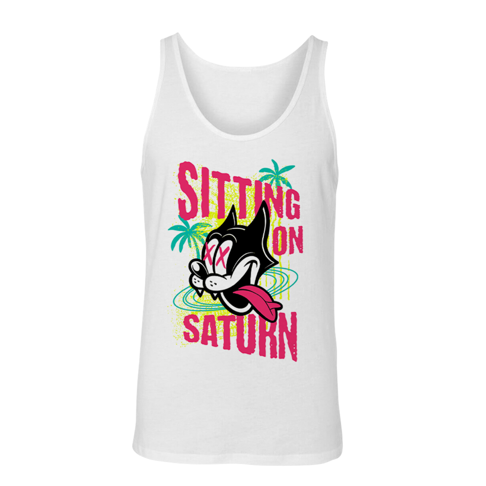 Sitting On Saturn "Cat Palm Tree" White Tank Top